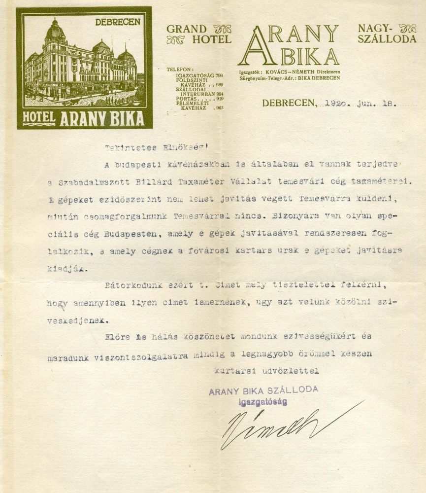 Arany Bika szálló, fejléces papír, 1920. Fotó Axioart.com.jpg 